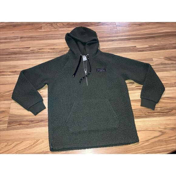 Victoria's Secret PINK Hunter Green Fleece Quarter Zip Sherpa Jacket Pullover S - Picture 1 of 4